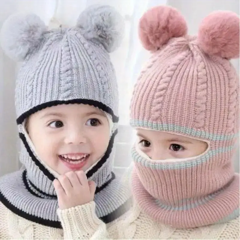 Gorros de lana para niños y niñas, gorros gruesos y cálidos, collares de punto, Otoño e Invierno