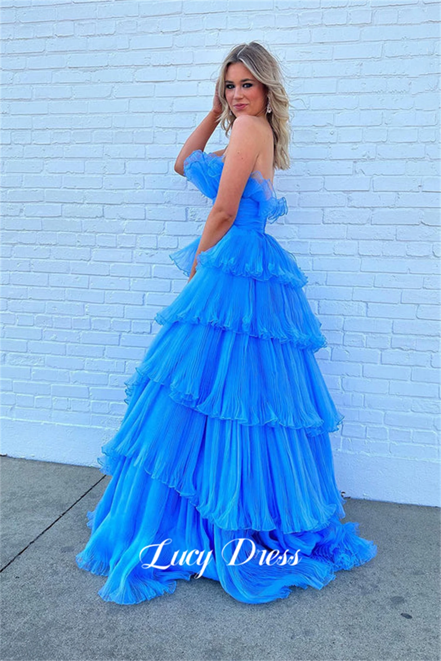 

Lucy Layered Blue Strapless Ball Gown Party Dress Frills Evening Dresses With Long Sleeves Robe De Soiree Femmes Sharon Said