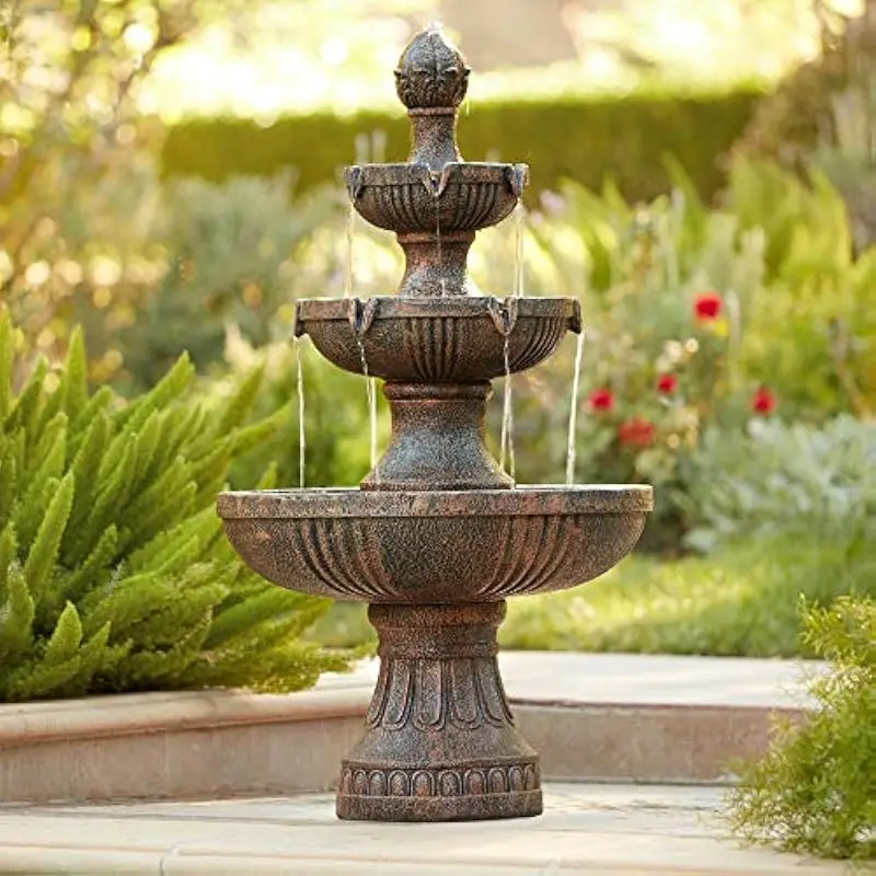Ravenna 43-inch freestanding tiered garden fountain with bronze resin finish, three-tier waterfall flow, weathered stone texture