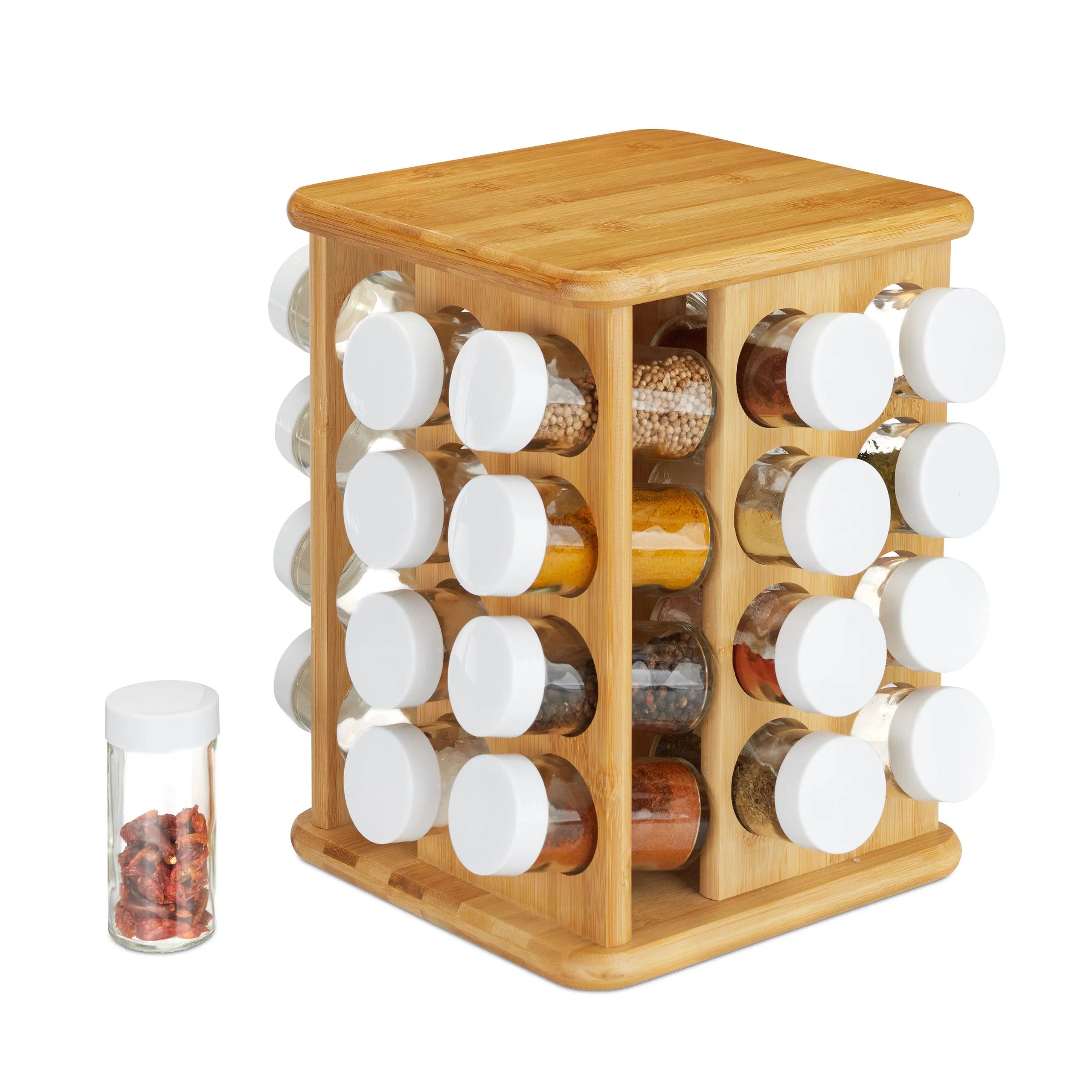 Gewürzkarussell, drehbar, für die Küche, 32 Gewürzgläser, Bambus, Glas, natur, mit Schraubdeckeln, Gewürzregal, Gewürzhalter, Relaxdays
