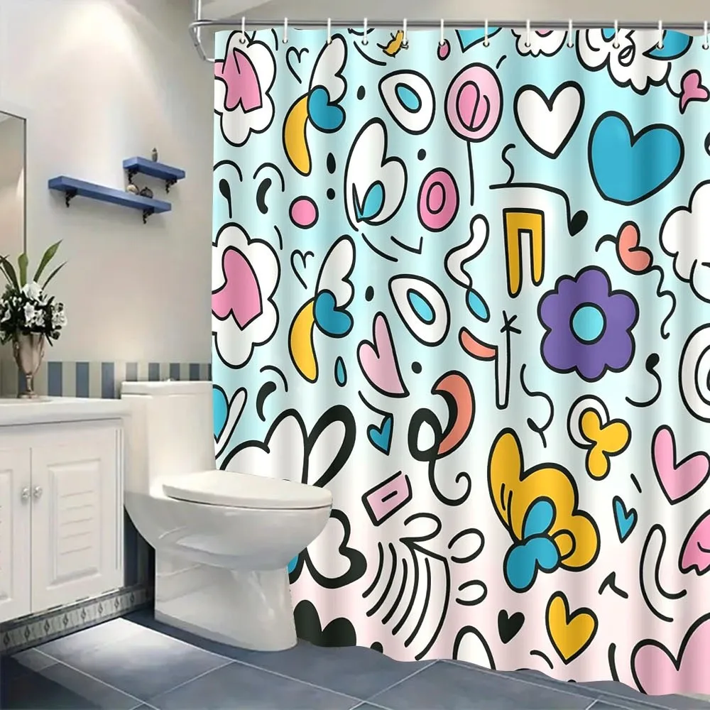 Whimsical Doodle Shower Curtain – Hearts, Clouds, Butterflies & Music Notes, Light Blue to Pink Gradient, 12 Hooks, Washable