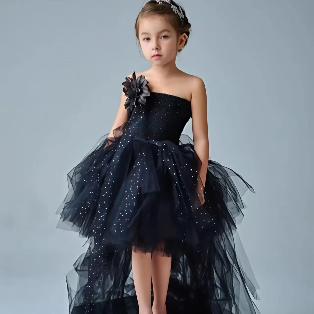 2021 Cute Princess Girl black Tutu children\'s hairy 2-layer corset Tulle Ballet Tutu with bow tie children\'s party Cosplay