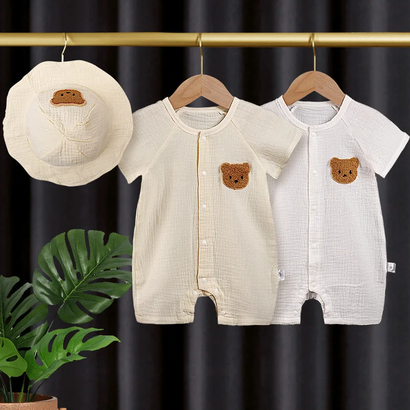 Korean Baby Romper Hat Set Muslin Short Sleeves Jumpsuit for Girls Boys Cute Bear One-Pieces Clothing Newborn Summer Bodysuits