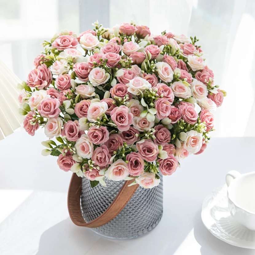 5 forchetta 15 testa di seta rosa per Bouquet da sposa decorazione natalizia vaso casa composizione floreale fai da te Scrapbook fiori artificiali