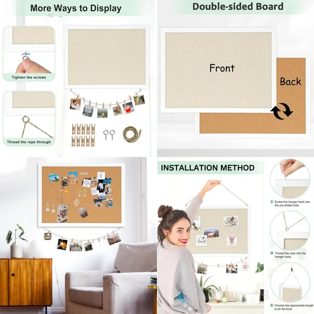 

Linen-Covered Double-Sided 36x24 Corkboard, Picture Display, Office/School Vision Board, 20 Pins, 10 Clips