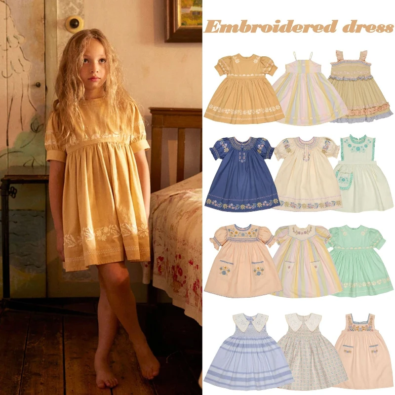 

Летнее винтажное платье-сарафан для девочек 2026 SS с вышивкой и цветочным узором, с эффектом смаокинг, в стиле принцессы