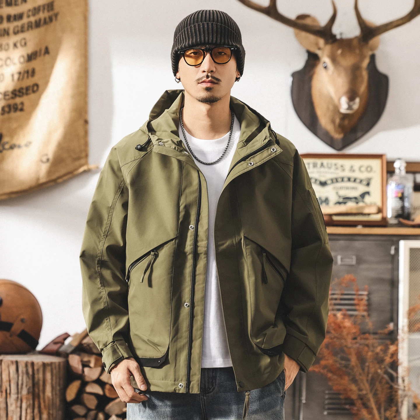 

Spring and Autumn new trendy men's retro workwear hooded jacket commuting loose jacket
