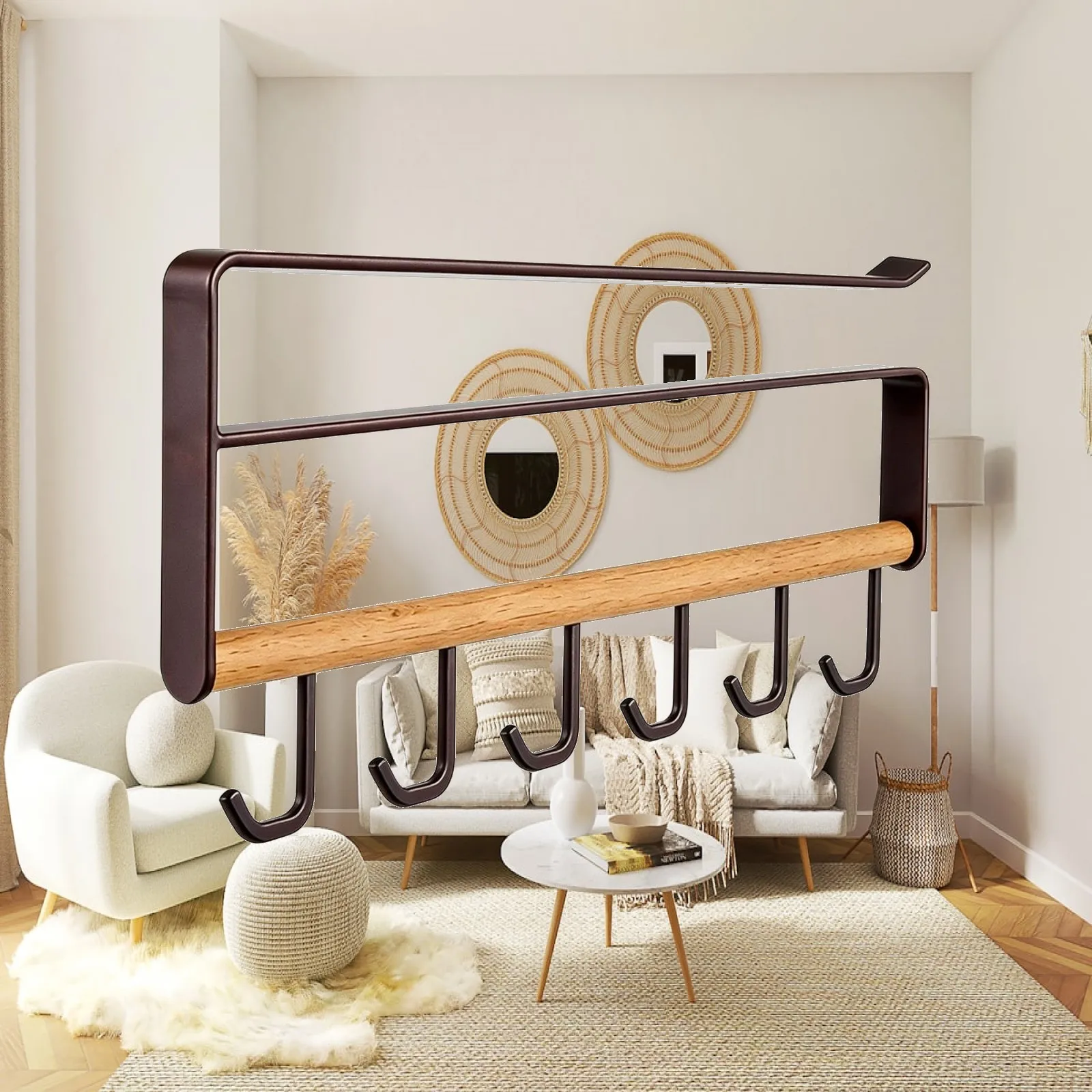 Carbon Steel Wood over Cabinet Hook Rack Kitchen Storage Organizer for Utensils Cookware Tools Towels Space Saving