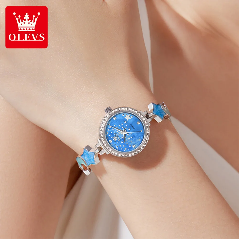 OLEVS 5665 Orologio da donna originale di marca Fashion Star Moon Dial Orologio da polso con cinturino in acciaio inossidabile per donna