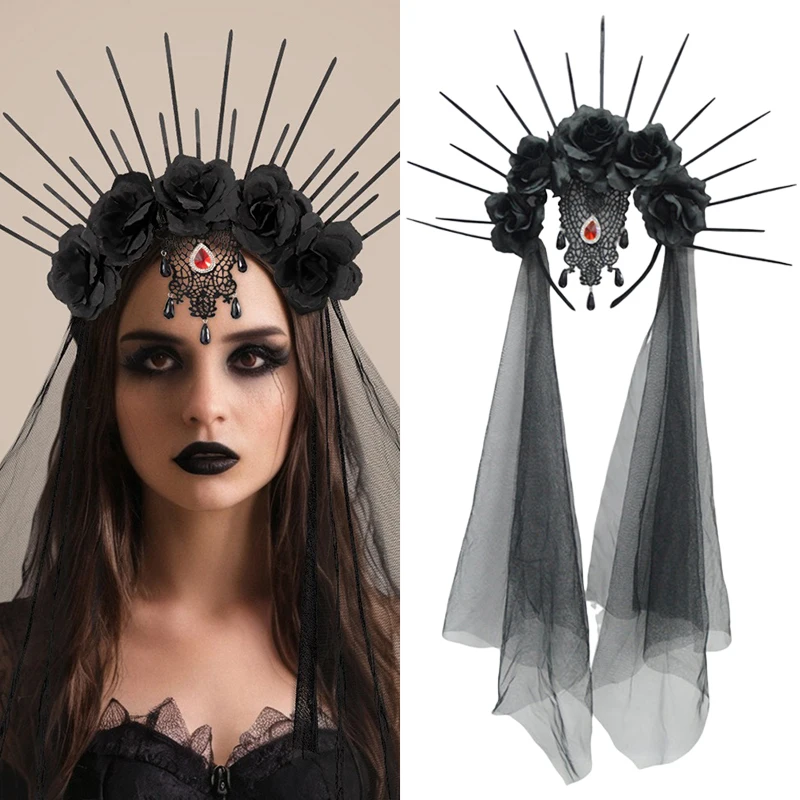 

1pc Women's Gothic Halloween Headband Wedding Lace Headwear Black Rose Hair Accessories Cosplay Props Fantasy Costume