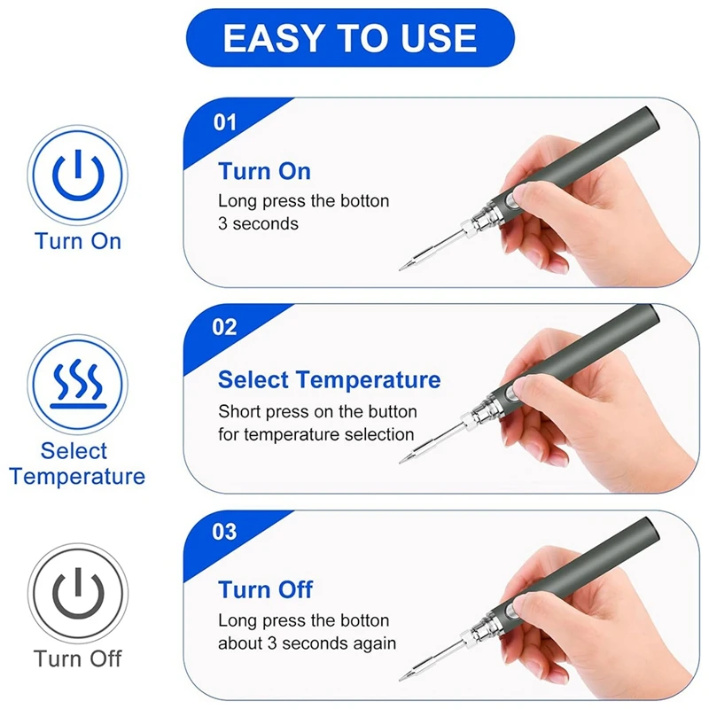 Kit de ferro de solda sem fio, ferro de solda sem fio recarregável usb, ferro de solda com 3 ajustes de temperatura branco durável