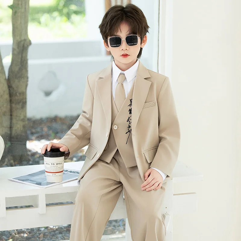 Children's suits  Autumn Wnter New Chinese-style Printed Vest Suits Flower Boys Hosting Performance Clothes