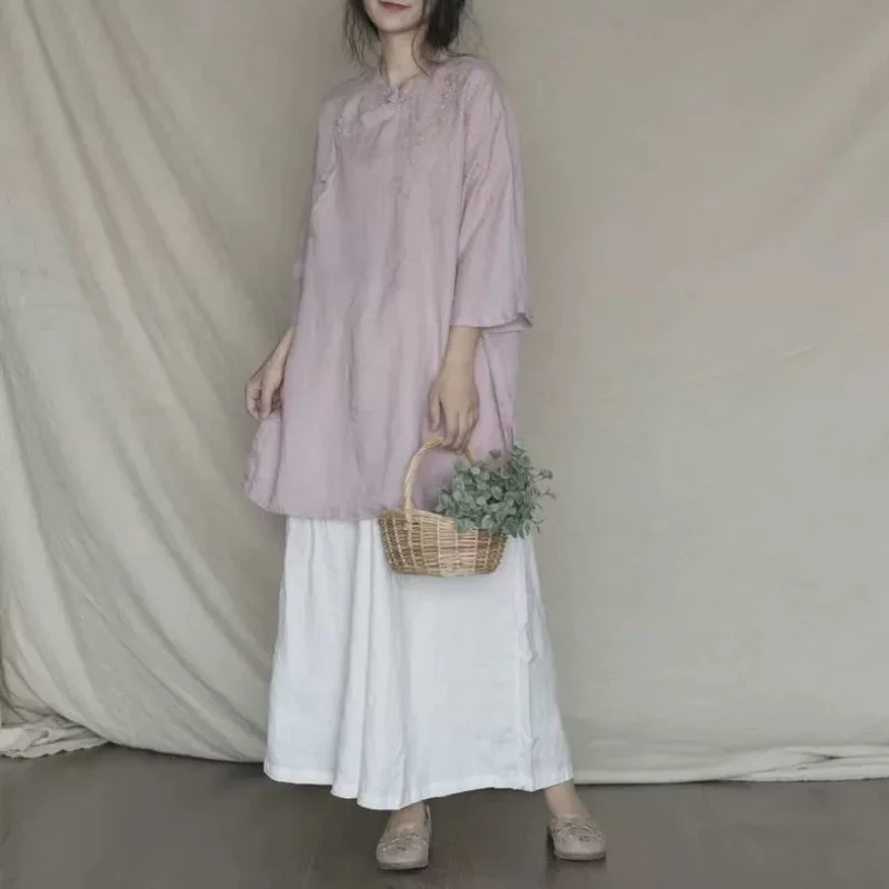 Été nouveau Style chinois femmes hauts mode rétro bouton brodé chemise femmes décontracté Camisas De Mujer