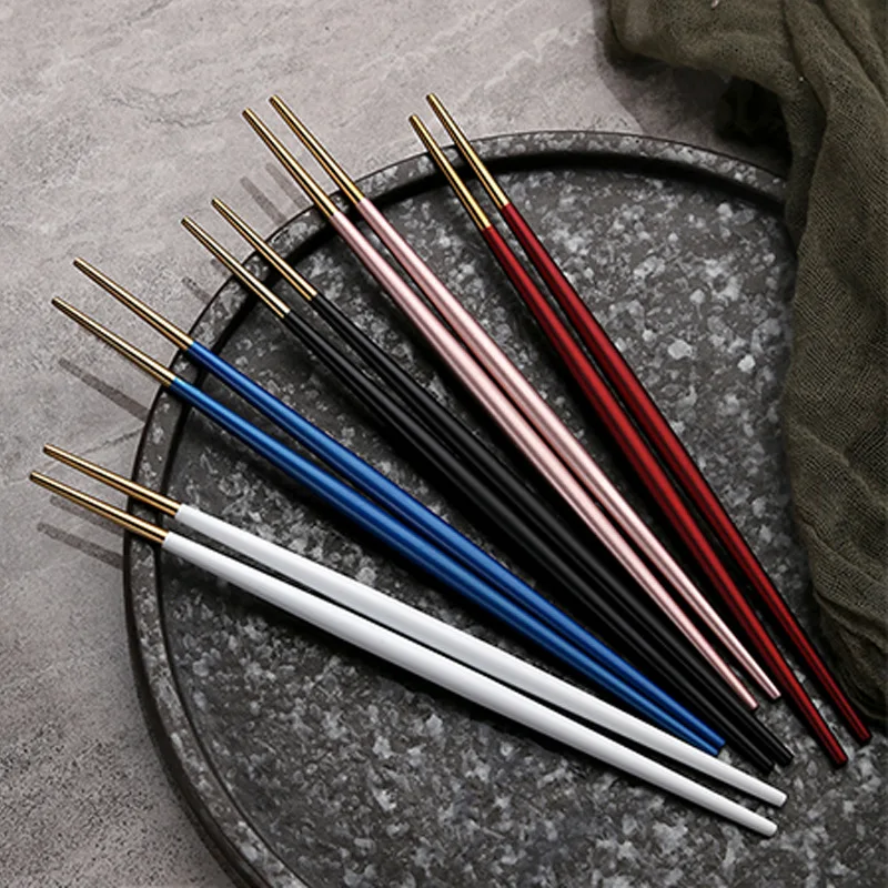 1 Pairs Stainless Steel Non-slip Black Gold Round Sushi Noodles Chinese Korean Japanese China Chopsticks Dishwasher Safe