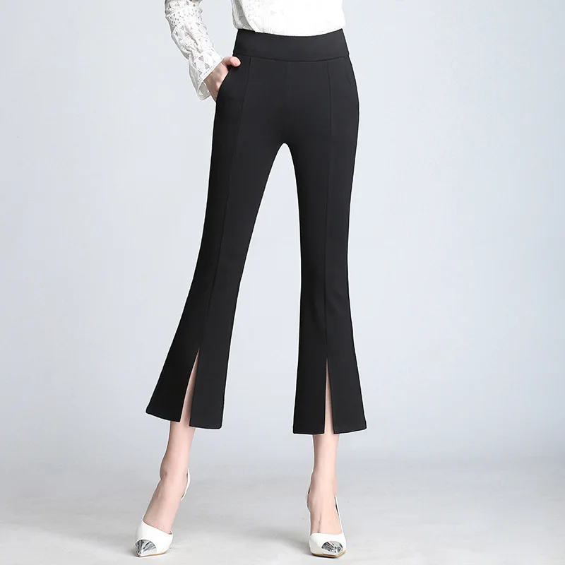 Front Split Black Flared Pants Trousers Women's Office Ladies Elegant Skinny Stretch Calf Length Hight Waist Female Pants 4XL