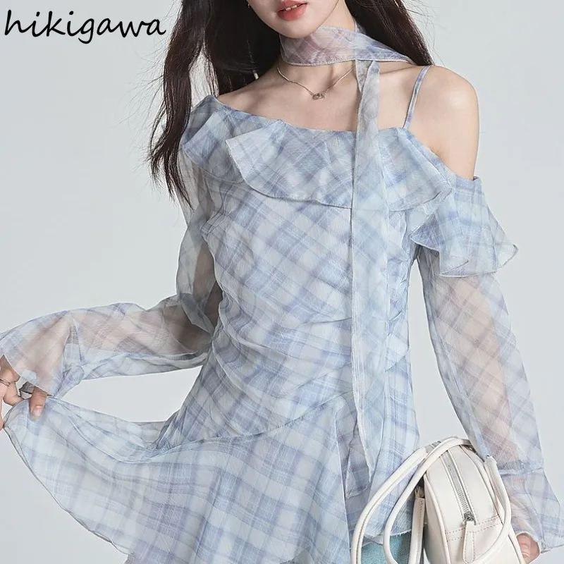 

Ruffles Plaid Shirt Women Clothing Long Sleeve Irregular Chiffon Off Shoulder Blouses Camisas De Mujer Summer Chic Blouse Tops
