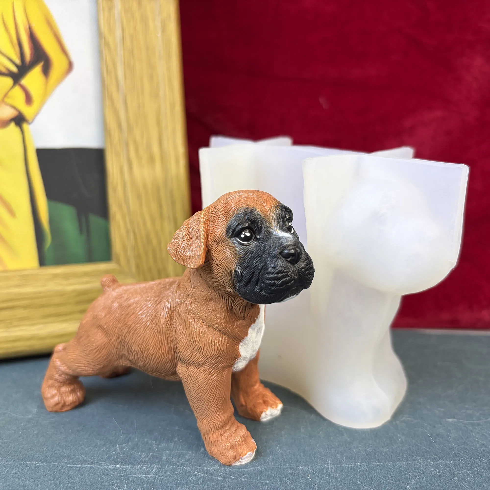 3D Boxer Dog Silicone Mold Lifelike Puppy Figurine Casting for Epoxy Resin Cement Plaster DIY Pet Memorial Gift 7cm Height