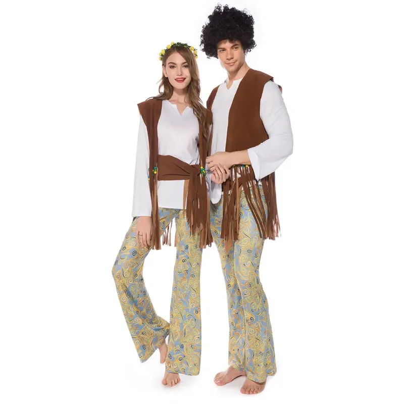 Adult Couple Retro 60s 70s Hippie Cosplay Costume Carnival Halloween Purim Fancy Disguise Clothing Suit Party Night Club