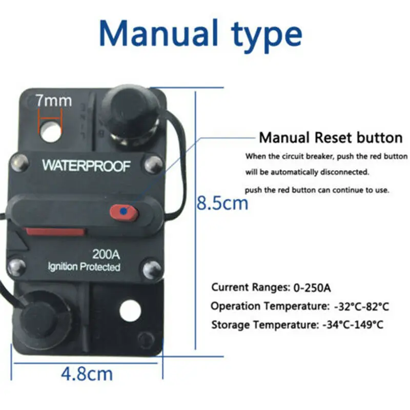 12-48V DC Circuit Breaker Fuse Reset Waterproof 20A 30A 40A 50A 60A 70A 80A 100A 120A 150A 200A 250A 300A AMP for Car Boat Auto