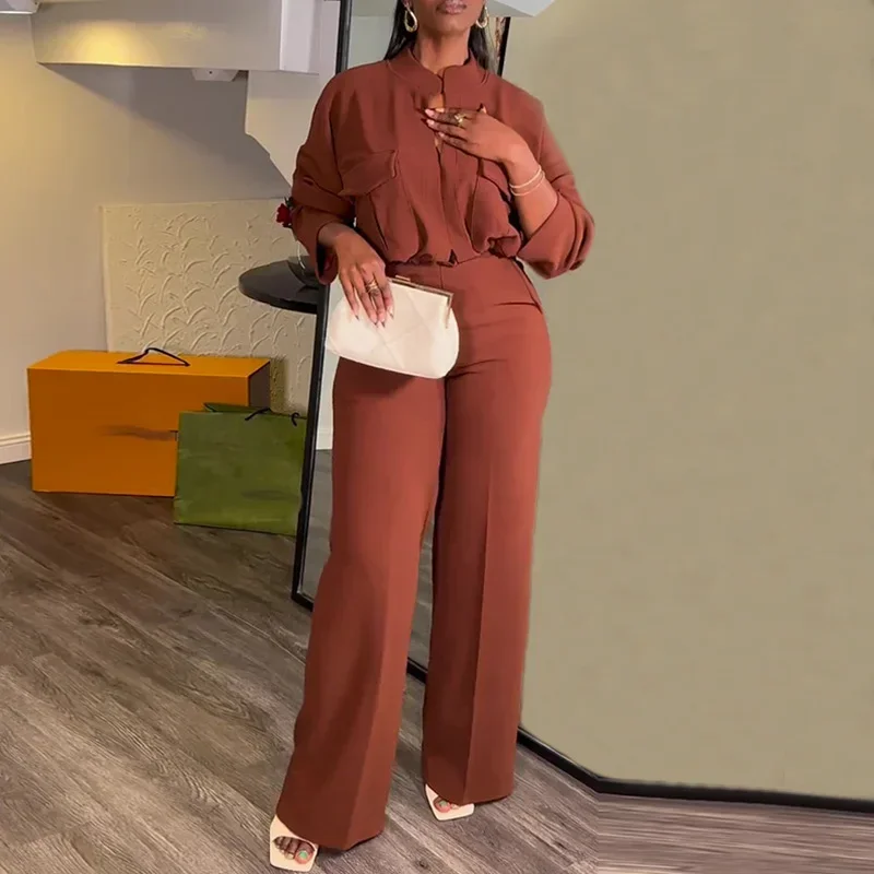 

Pocket Decor Long Sleeve Tops & Wide Leg Pants Set Women Two Piece Set Outfits
