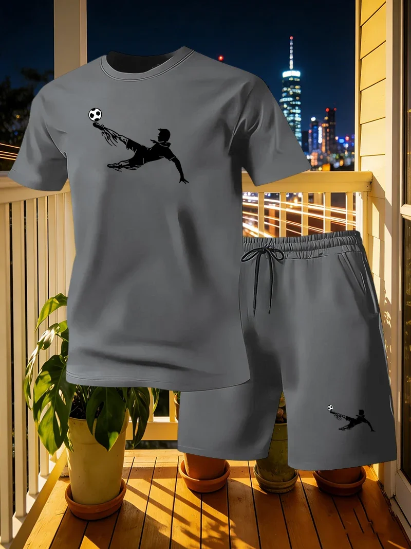 Football Sports Short Sleeved T-shirt Shorts Summer Men's Breathable Printed Round Neck Men's Casual Home Loose Two-piece Set