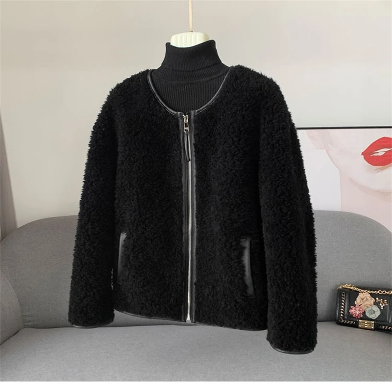 2023 Winter New Round Neck Sheep Shearling Fur Women Coat Female Lamb Wool Warm Zipper Jacket JT405