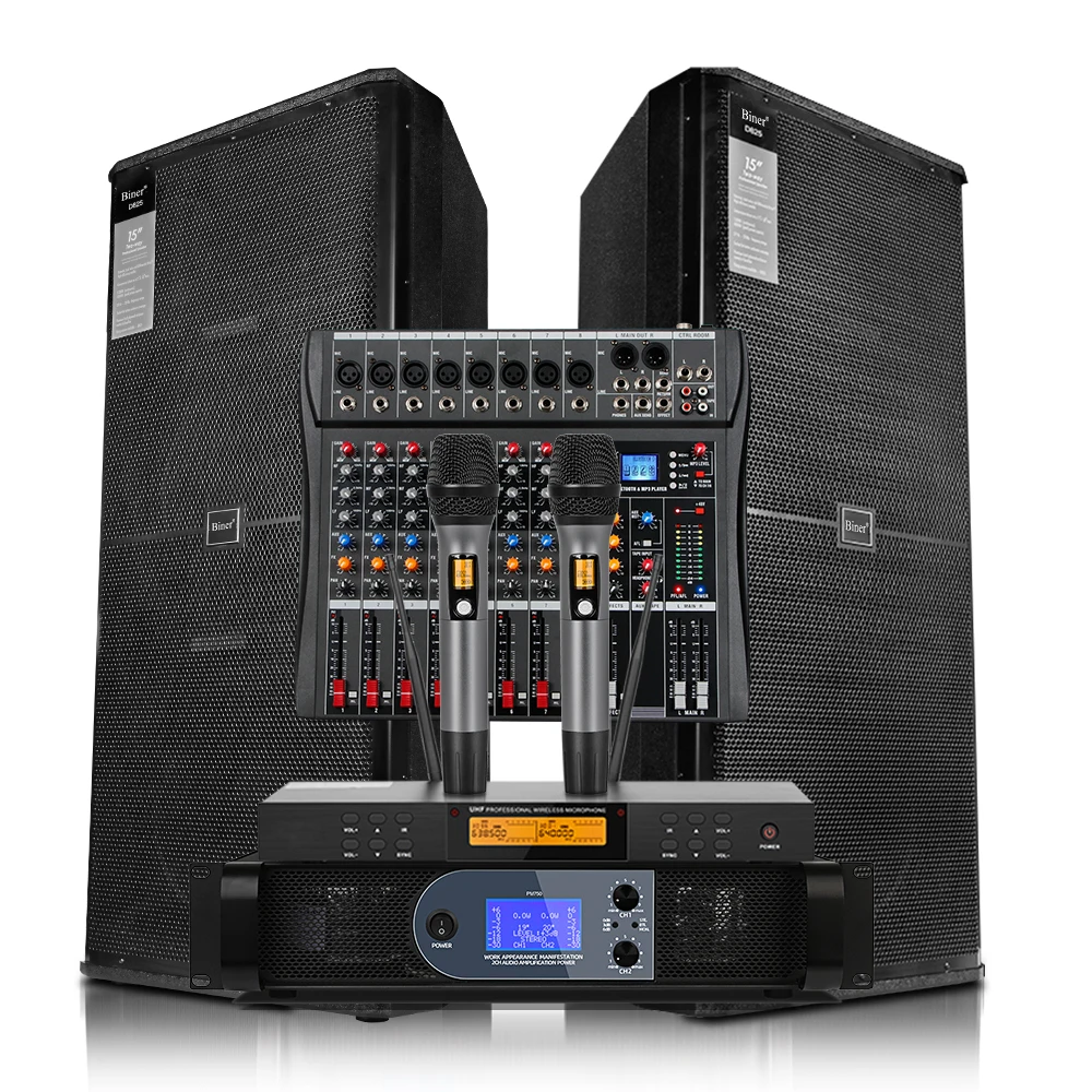 Biner D825 Dual 15 Inch Sound System Speakers With Audio Mixer With Power Amplifier Wiht Microphones For Stage Performance