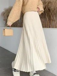 Winter Vintage Elegant Knitted Skirt Women Solid Warm Pleated Chic Sweater Skirt Female Korean Fashion High Waist Skirt 2023