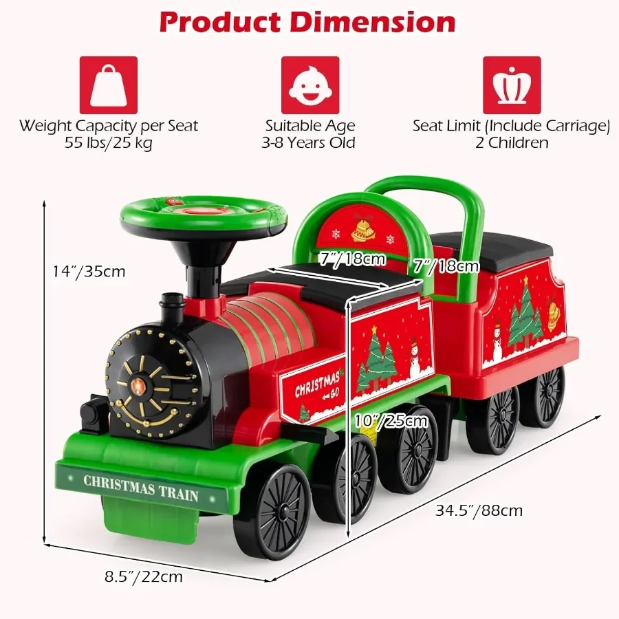 รถไฟของเล่น 6V 2 ที่นั่ง พร้อมห้องโดยสาร ที่เก็บของ นกหวีดรถไฟ เพลง ไฟ สำหรับเด็กอายุ 18 เดือนขึ้นไป (2 ที่นั่ง, คริสต์มาส)
