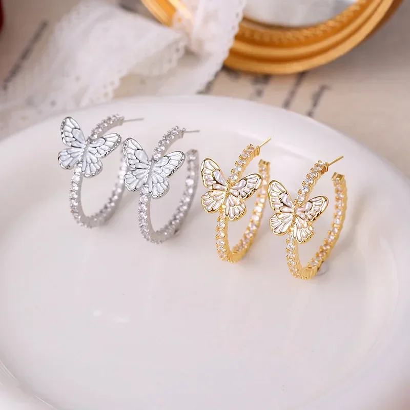 

2025 Chinese Butterfly Earrings Oversized Hoops with Zirconia 925 Silver Statement Jewelry for Women