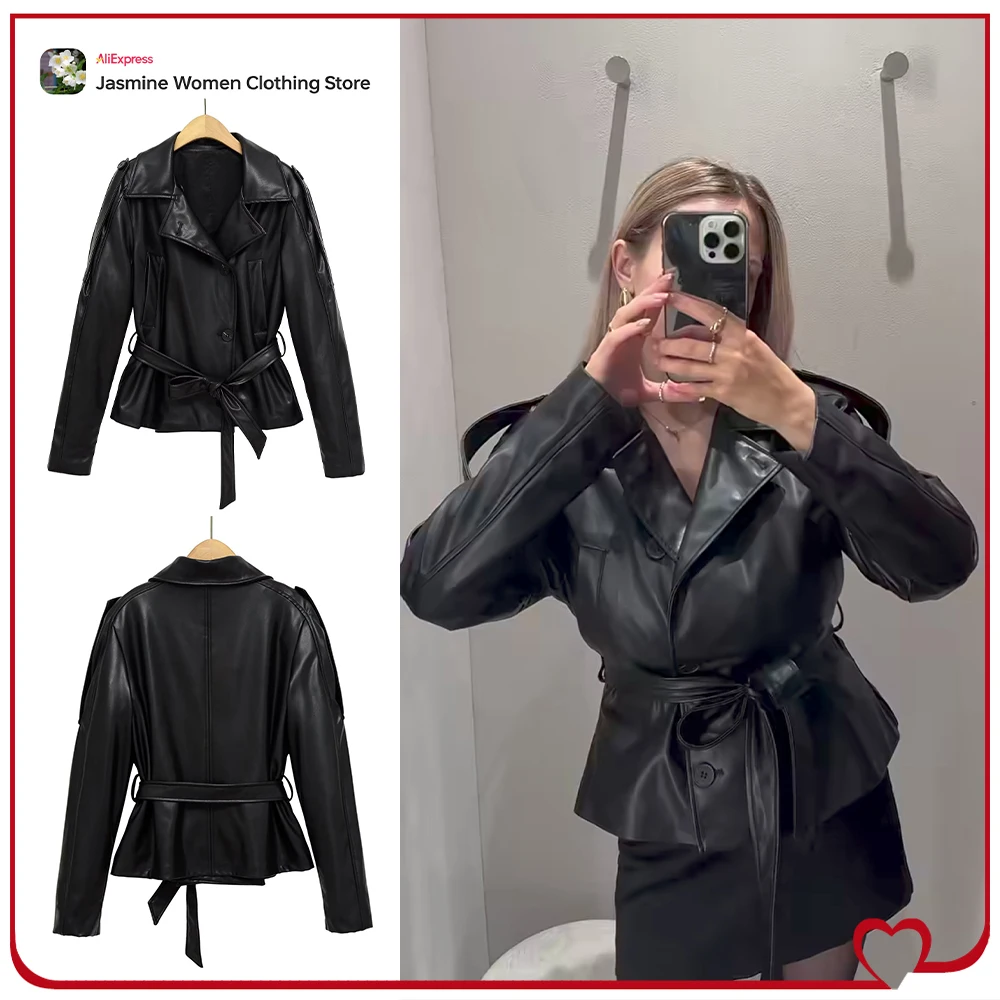 Trench-Coat court noir élégant en simili cuir pour femmes, avec ceinture auto-cinturée nouée, vêtements d'extérieur avec épaulettes et languettes de manches