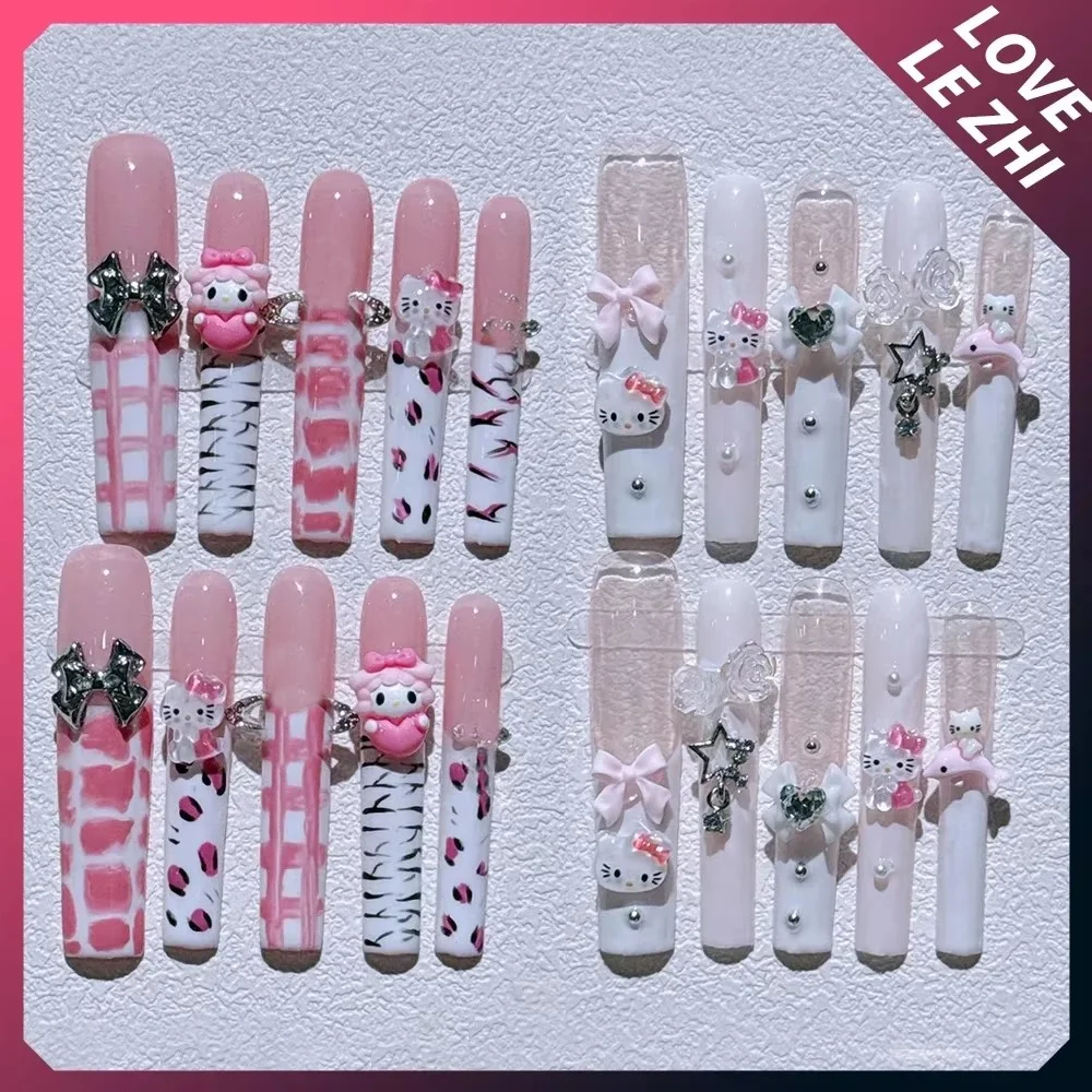 

XXL Long Square Handmade Press On Nails Art Cheap Wholesale HelloKitty French Ab Diamond Fake Nails Europe America Birthday Gift