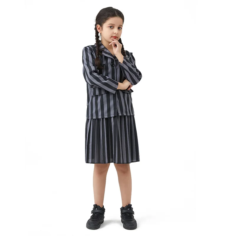 Halloween Carnival Party cosplay Adams Girl Wednesday Uniform Black Stripes Jacket Pleated Skirt Long-sleeved Two-piece Set