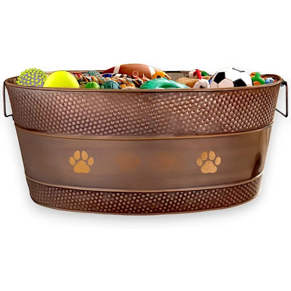 

Metal Dog Toy Bin Copper Galvanized Storage Bin with Handles, Basket for Pet Toys, Dog Toy Box, Pet Storage