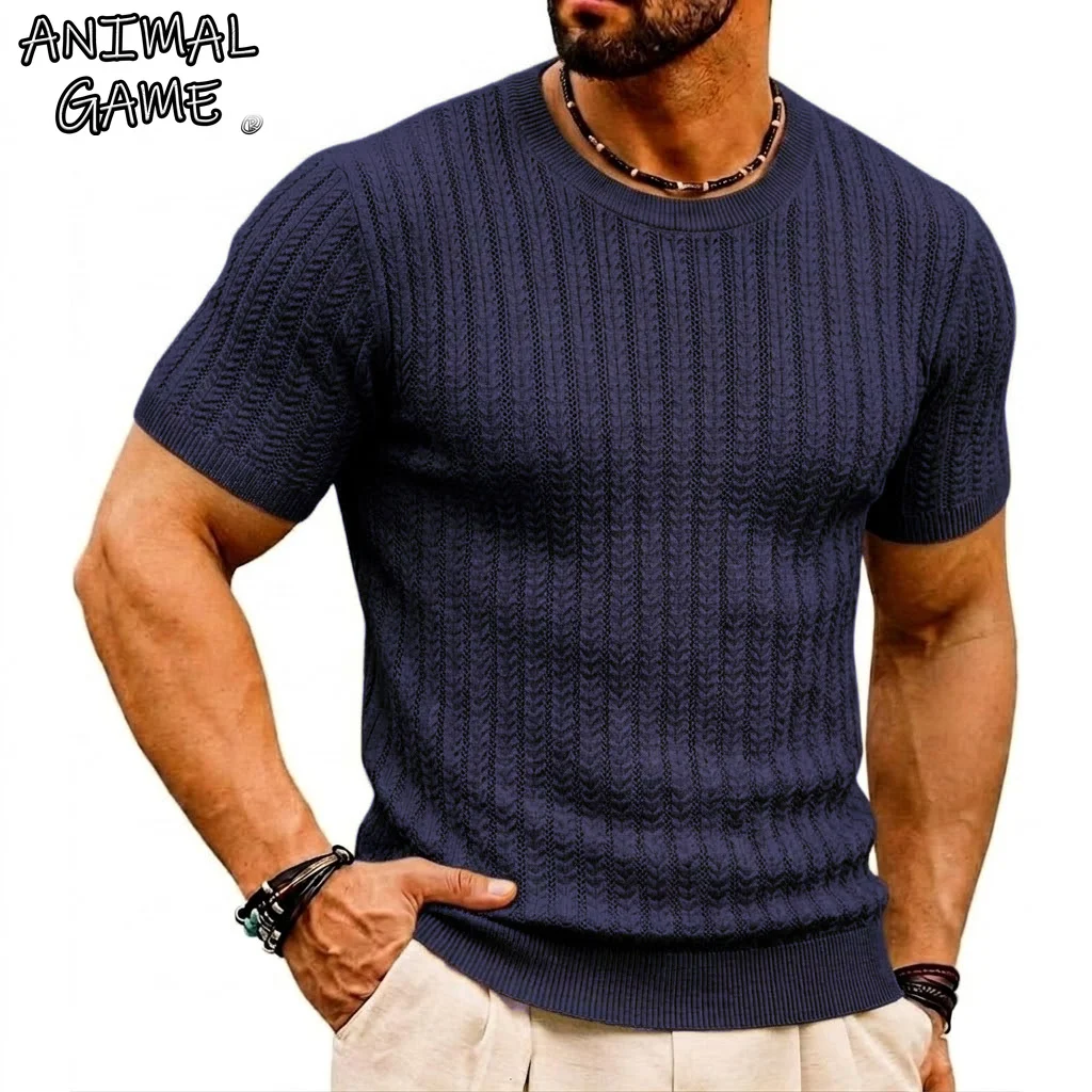 Mens Breathable Textured  T-Shirts Short Sleeve Lightweight Knit Vintage Striped Summer Gym Shirts Knitwear Knit Shirts for Men