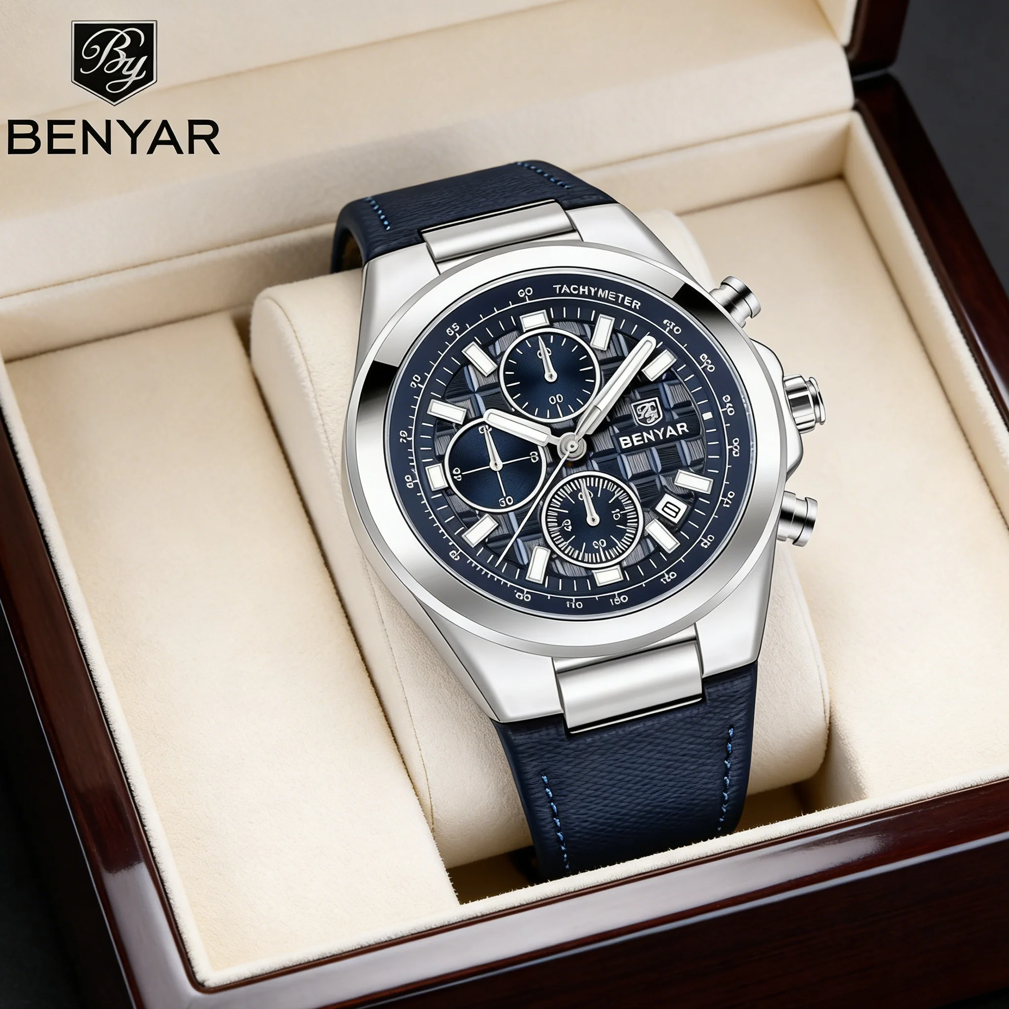 

Новые мужские кварцевые часы BENYAR, 42 мм, из кожи, многофункциональный хронограф, водонепроницаемость до 30 метров
