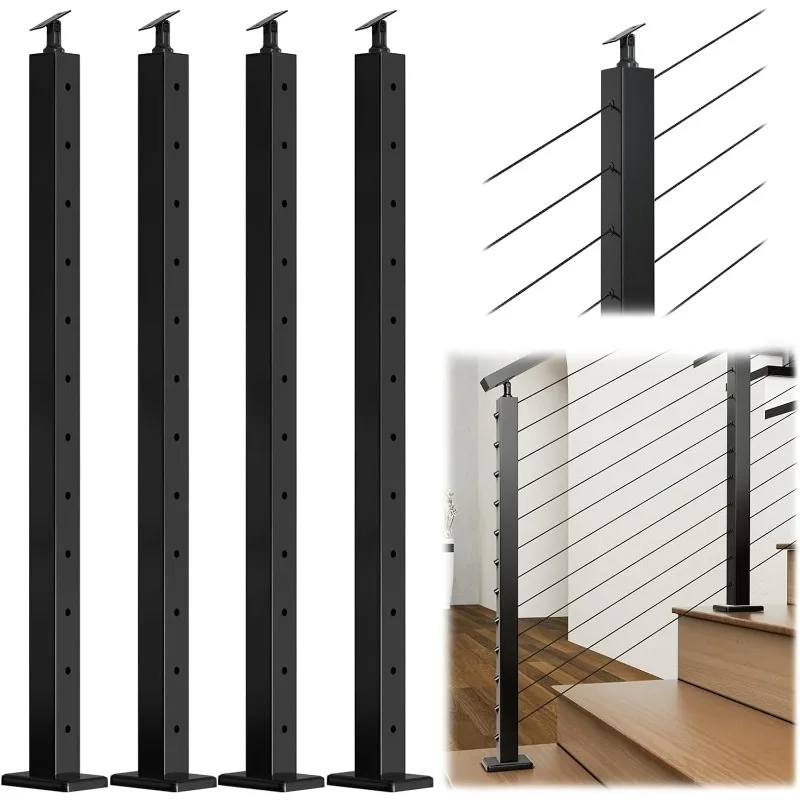 4 упаковки, черные лестничные кабельные перила, 42 x 2 x 2 дюйма, T304, комплект системы кабельных перил из нержавеющей стали для использования в помещении и на открытом воздухе
