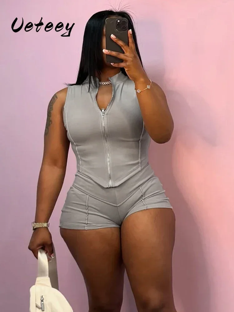 

Ueteey Casual Tracksuit 2 Piece Set Women Irregular Tank Tops+Peach Hip Zip Shorts Daily Simple Skinny Sporty Streetweas