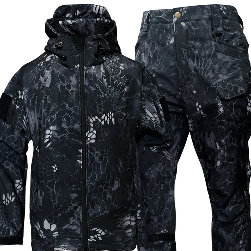 Nuovo inverno addensare uomo tuta mimetica impermeabile set di allenamento tattico multi-tasca giacca con cappuccio pantaloni in pile caccia all'aperto 2 pezzi