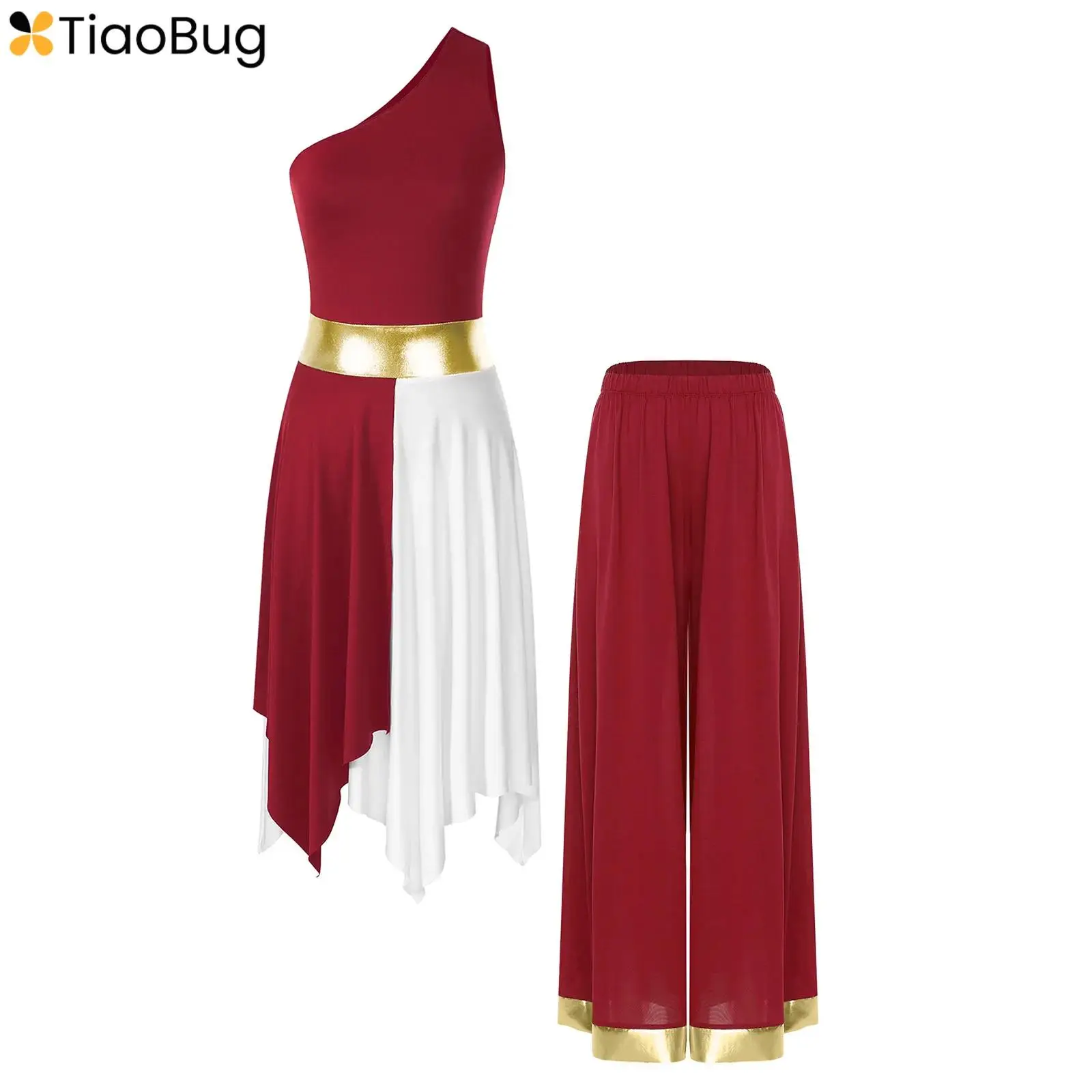 

2Pcs Womens Modern Lyrical Dance Dress Sleeveless Contrast Color Irregular Hem Dress+Wide Leg Pants Worship Praise Dance Costume