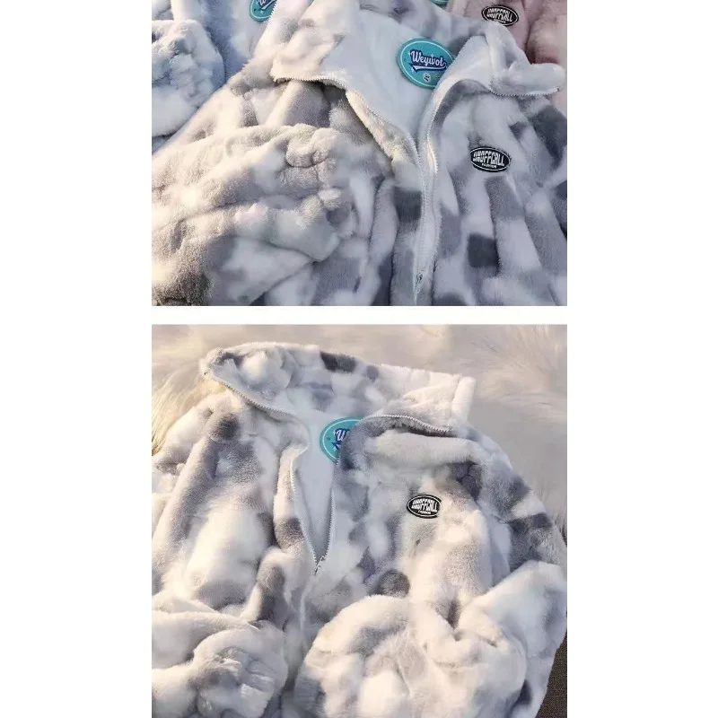 سترة صوف خروف صبغ التعادل على الموضة الأوروبية والأمريكية للنساء بمقاسات كبيرة من صوف الضأن السميك للشتاء، قمة عصرية وفضفاضة