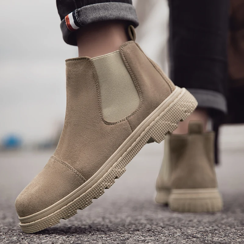 الكلاسيكية الكاكي تشيلسي الأحذية للرجال البريطانية الرجعية أحذية بوت قصيرة الانزلاق على أحذية كاجوال عالية أعلى الشتاء أحذية الرجال منصة أحذية عمل #3