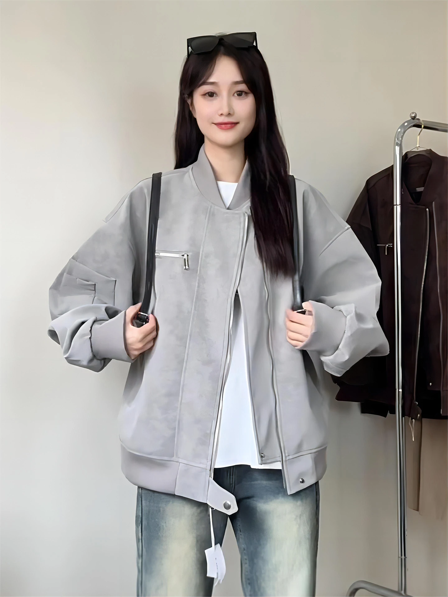 

ey Matte Leather Jaet Men's Women's Autumn American Sle Motorcycle Jaet ort Zipper Baseball Game High-End Feeling