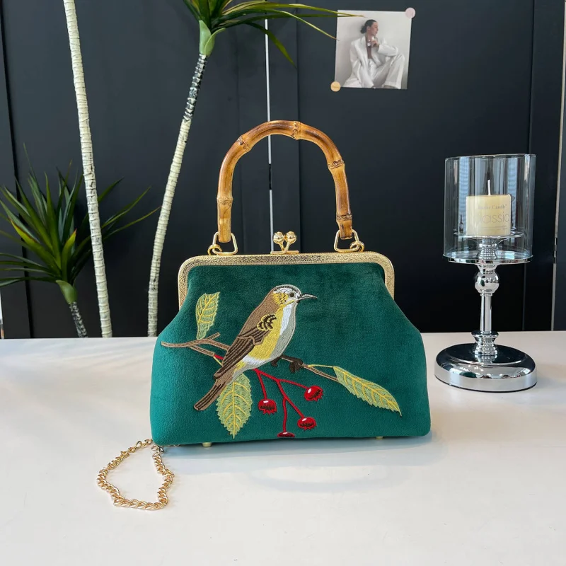 

Женская сумка с вышивкой в китайском стиле, бамбуковая ручка, клатч Qipao, сумка совы, подарок матери, ручная сумка из мягкого бархата