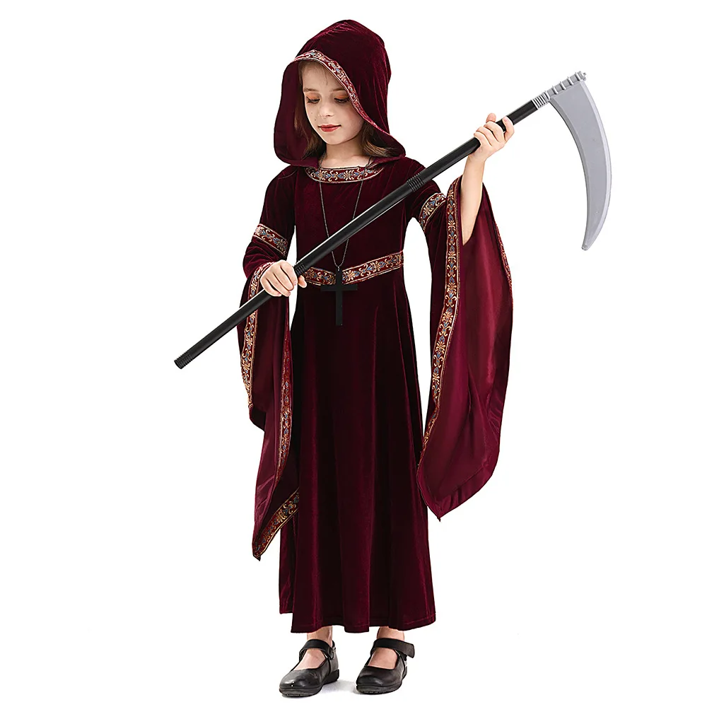 2025 Halloween costume horror Grim Reaper outfit children's hooded long dress stage performance outfit