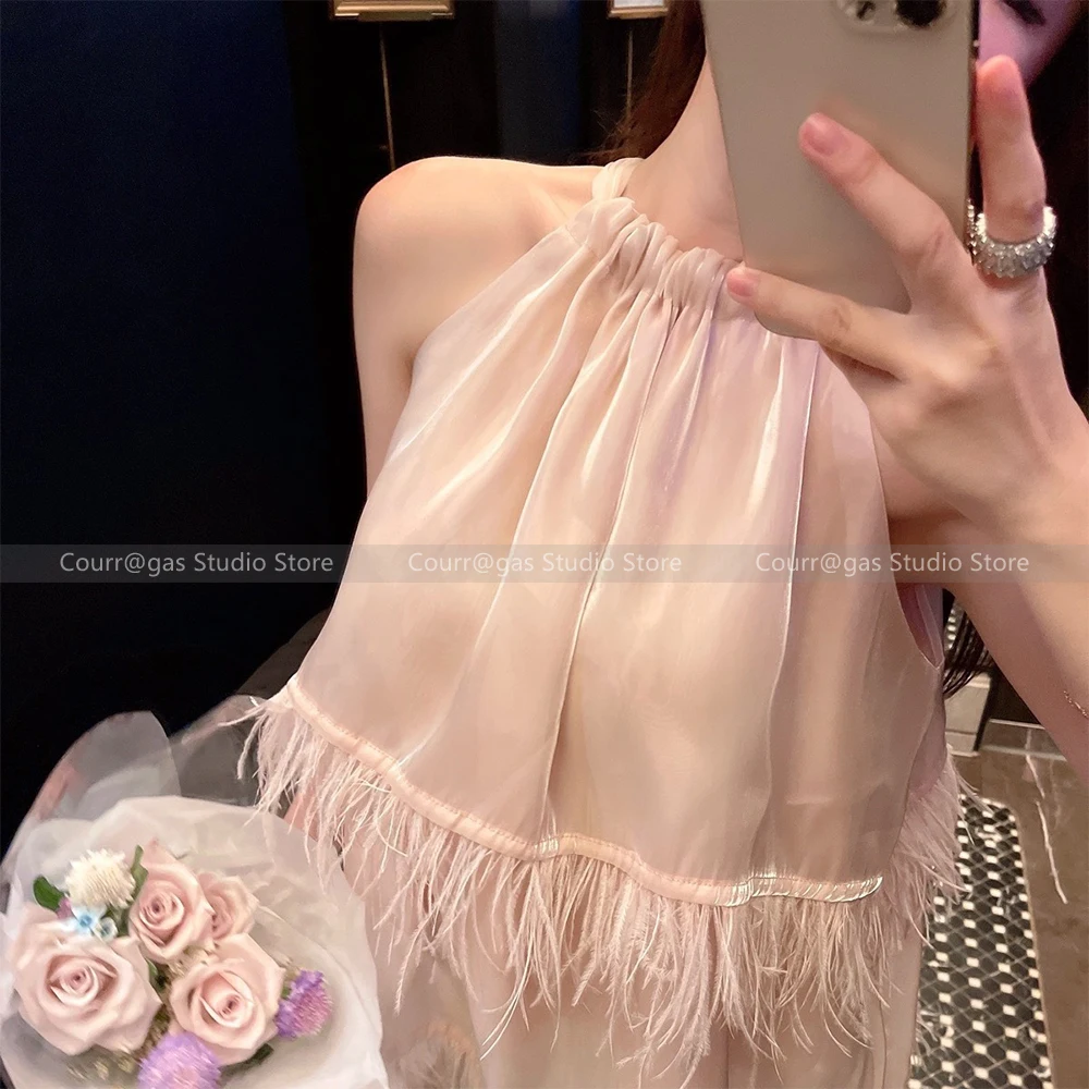 

French temperament absolutely beautiful pink sleeveless hanging neck blouse tops women 24 new senior sense of