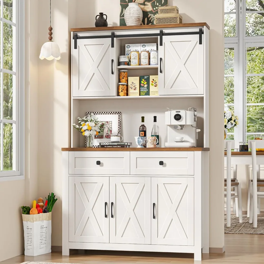 

67.7 Inch Farmhouse Pantry Storage Cabinet with Sliding Barn Doors, 2 Drawer Farmhouse Coffee Cabinet with Adjustable Shelf
