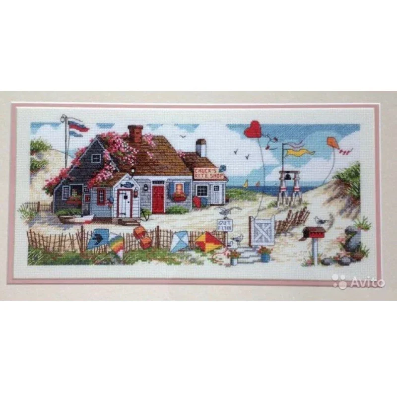 Amishop High Quality Gold Collection Counted Cross Stitch Kit Chuck's Kite Shop Kite House Seaside Villa Garden House