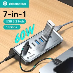 Yottamaster USB-C 3,2 Hub 7 puertos USB Hub alimentado 5V/3A USB 3,2 Gen2 10Gbps Hub de datos para portátiles Surface Pro discos duros portátiles