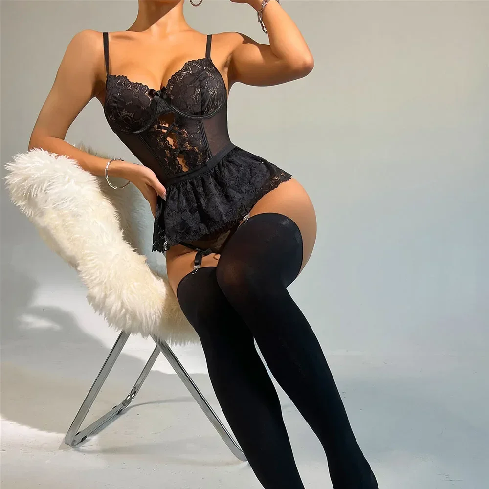 Sexy Lingerie Lace Transparent Open Bodysuit For Women Hollow Out Bra Underwear Erotic Thongs Garters Belt Babydoll Sets Tights